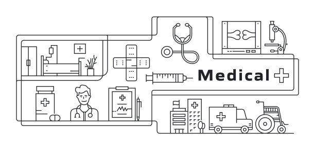 医学现代线横幅与图标。医生，病历，重症监护，病历，心电图，护士图片下载