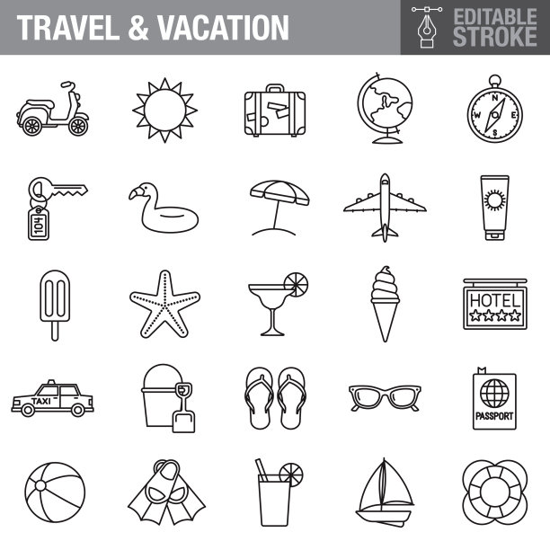 旅行和假期可编辑的笔触图标设置图片下载