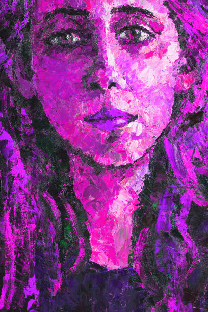 时尚的夜晚插图寓言艺术作品我的原始油画在画布上印象派垂直象征肖像一个年轻美丽温柔悲伤的女人有长长的粉红色头发明亮的嘴唇在抽象的粉红色背景图片下载
