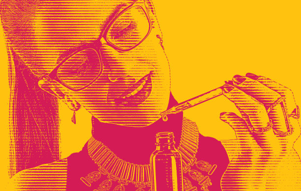 年轻女子使用CBD油瓶子和吸管图片下载