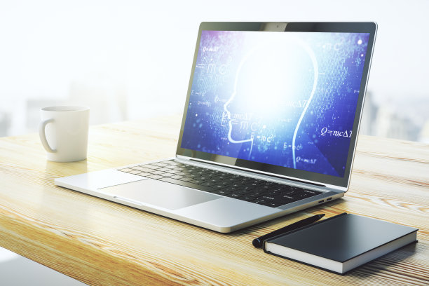 创新的人工智能概念，在现代笔记本电脑屏幕上显示人类头部全息图。三维渲染图片下载