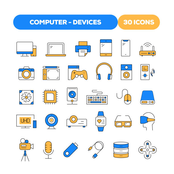 一套计算机和设备相关的平线图标。大纲符号集合图片下载