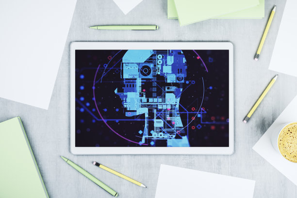 现代数码平板显示器的俯视图，具有创造性的人工智能符号。神经网络和机器学习的概念。三维渲染图片下载