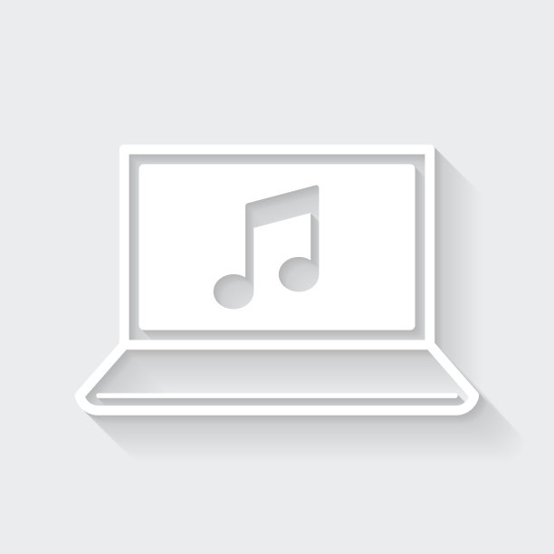 音乐上的笔记本电脑。图标与空白背景上的长阴影-平面设计图片下载