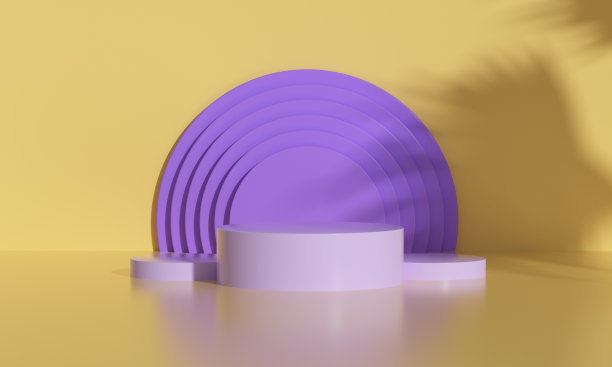 时尚风格的讲台，阳光和棕榈树的阴影在黄色的背景，紫色的圆形层的产品展示。空的讲台。3 d渲染。图片下载