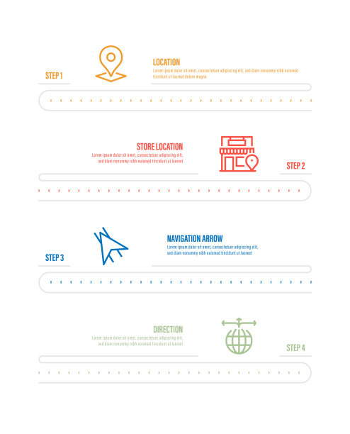 信息图表设计模板。位置，商店位置，导航箭头，方向图标与4个选项或步骤。图片下载