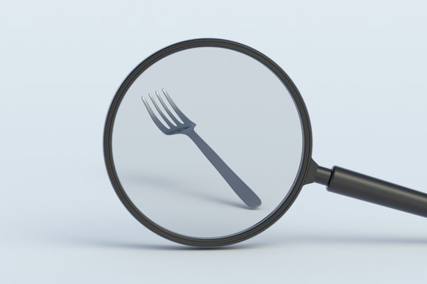 叉子放在放大镜后面。三维渲染图片下载