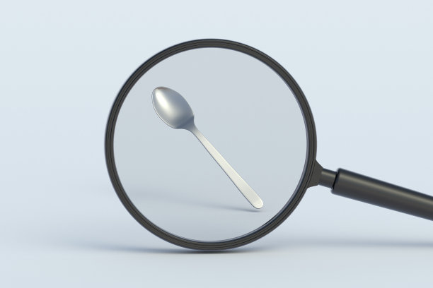 勺子在放大镜后面。三维渲染图片下载