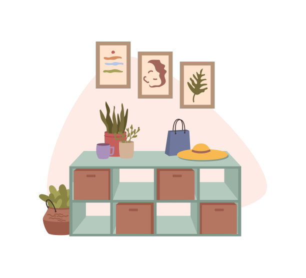 家里走廊内部的鞋架，墙上挂画。现代住宅大厅的矢量卡通插图，木制家具和花盆中的植物。带有帽子和购物袋的架子，平面卡通风格图片下载