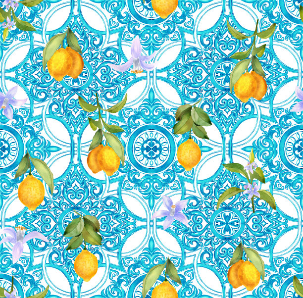 地中海无缝花纹。蓝色的陶瓷瓷砖和黄色的柠檬无尽的背景。西西里传统的织物和墙纸印花。蓝色的上光花砖。图片下载