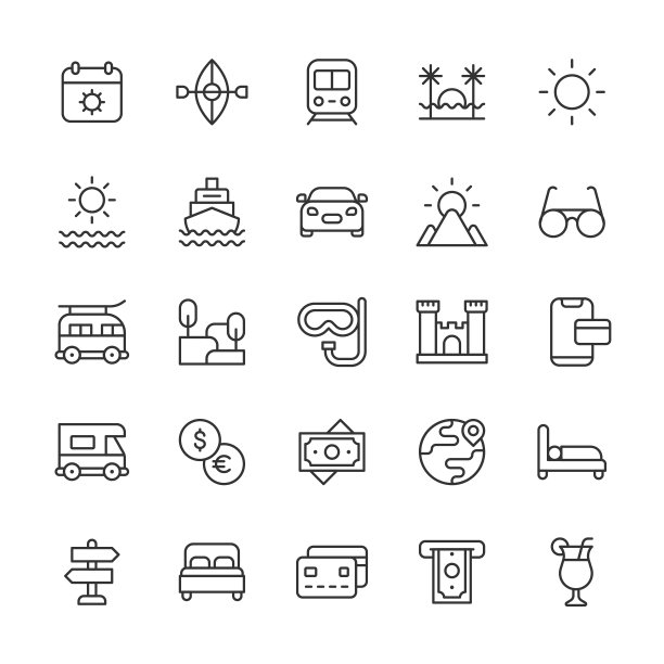 运行线图标。可编辑的中风。像素完美。移动和网络。包含飞机、海滩、巴士、露营、新冠肺炎护照、航班、徒步旅行、酒店、地图、户外、派对、餐厅、夏季、太阳、旅游、火车、交通、旅行禁令等图标。图片下载