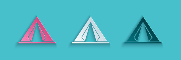 剪纸旅游帐篷图标孤立在蓝色背景。露营的象征。纸艺术风格。矢量图图片下载