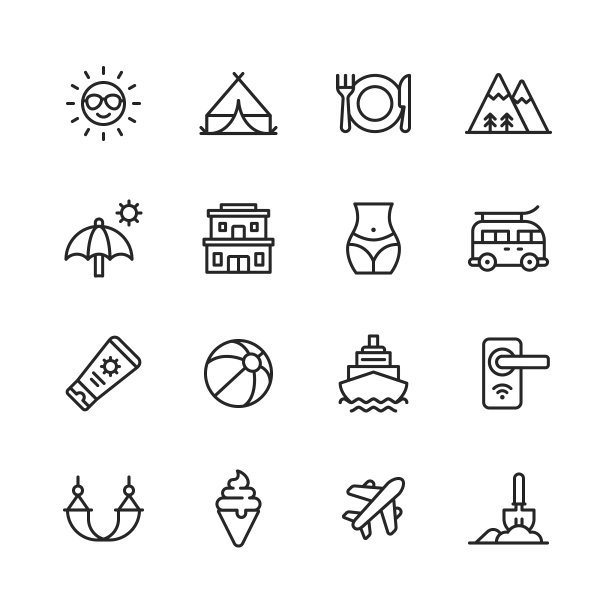 度假和旅游线路图标。可编辑的中风。像素完美。移动和网络。包含夏季，假日，旅游，露营，派对，太阳镜，太阳，帐篷，餐厅，山，徒步旅行，伞，露营者，公路旅行，球，巡航，吊床。图片下载