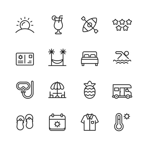 度假和旅游线路图标。可编辑的中风。像素完美。移动和网络。包含夏季，旅游，太阳，日落，海滩，鸡尾酒，派对，独木舟，明信片，吊床，棕榈树，游泳，潜水，餐厅，菠萝，露营者，热量。图片下载