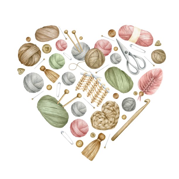 采购产品纱线球，木制针织针，钩，羊毛球，纱线，棉花，剪刀，纽扣，大头针，针。水彩心脏构成。为产品包装设计，编织者博客，针线店图片下载