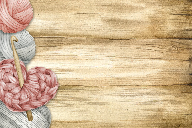纱线球，毛线球，粉色钩针编织的心，木背景上的木钩。水彩背景。适用于产品包装设计，针织博客，针线店图片下载