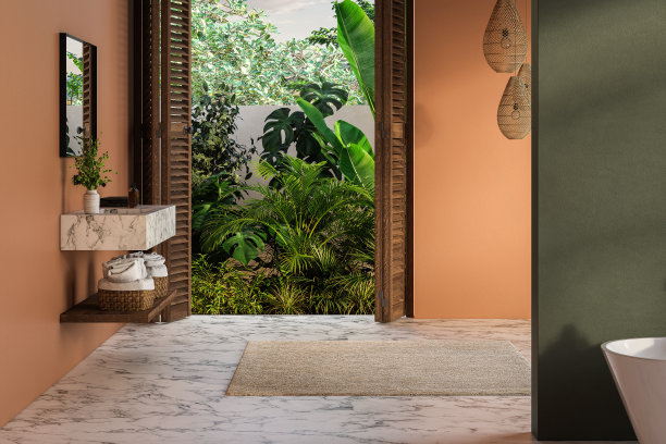 现代现代风格的浴室，热带风格的庭院景观3d渲染，大理石地板和绿色和橙色的墙壁装饰着大理石面盆柜台和黑色框架镜子图片下载
