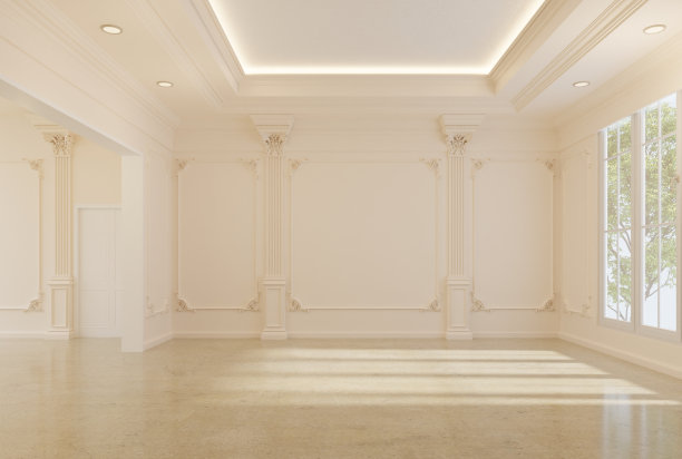 室内的空房间在一个经典的风格与隐藏的天花板灯和门的卧室。三维渲染图片下载