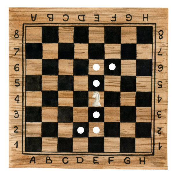 白骑士棋子运动方案在木板水彩插图孤立在白色背景。手工绘制的棕色和黑色的桌子，为国际象棋俱乐部和手册图片下载