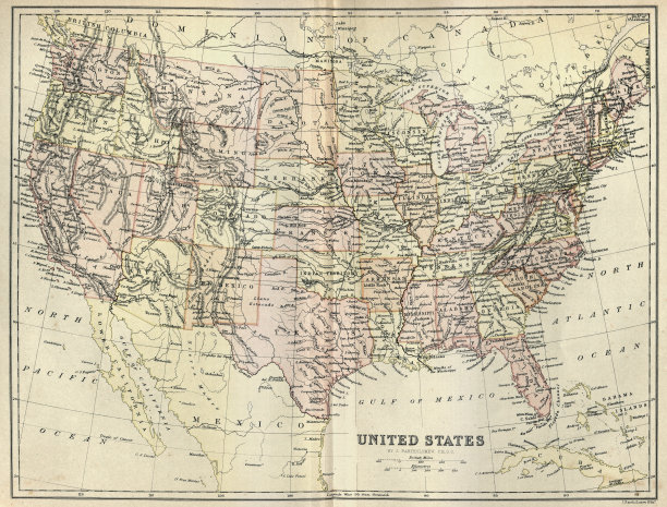 美国的古董地图，1884年，19世纪图片下载