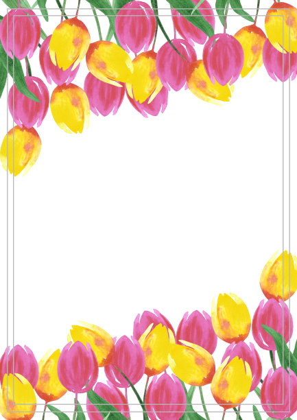 手绘水彩粉红色和黄色郁金香明信片孤立的白色背景。可用于海报，明信片，婚礼请柬，相册。图片下载