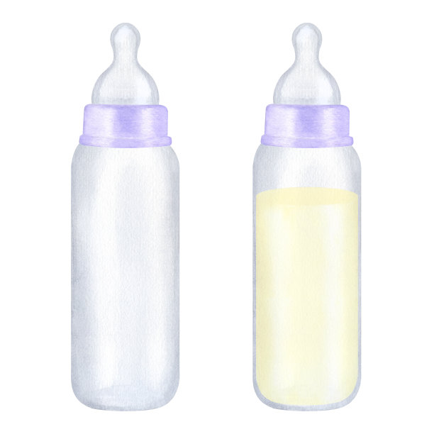 紫罗兰色奶瓶，硅胶奶嘴。婴儿配方奶粉。刚出生的女孩。手绘水彩插图孤立的白色背景。性别揭秘派对，婴儿派对图片下载