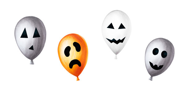 水彩万圣节气球插图与可怕的面孔。手绘橙色，黑色，白色气球素描孤立在白色的背景。用于设计师，装饰，商店，用于明信片，包装纸，封面。海报及纺织品图片下载