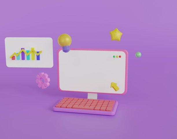 3D在线与桌面电脑在紫色的背景。笔记本电脑3d使用资金图表在计算机上与箭头击中中心和灯泡的概念。3d贸易的商业投资渲染插图图片下载