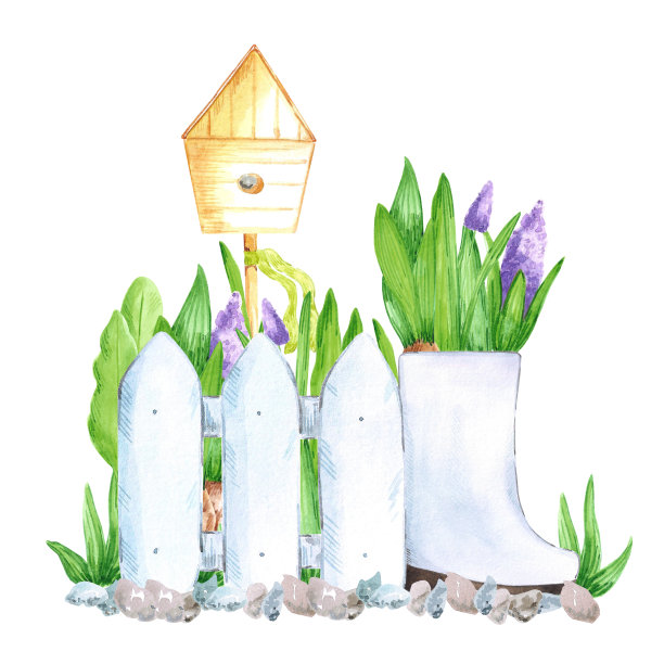 手绘水彩春天花园花与橡胶靴，鸟舍和栅栏在白色的背景。乡村风格的复古插图。图片下载