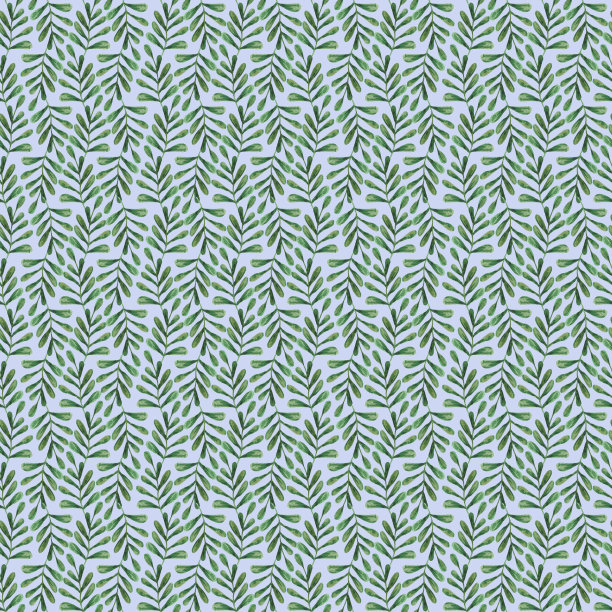 水彩手绘绿叶无缝图案。自然植物元素在蓝色背景上孤立的插图。可用于织物、纺织品、背景。图片下载