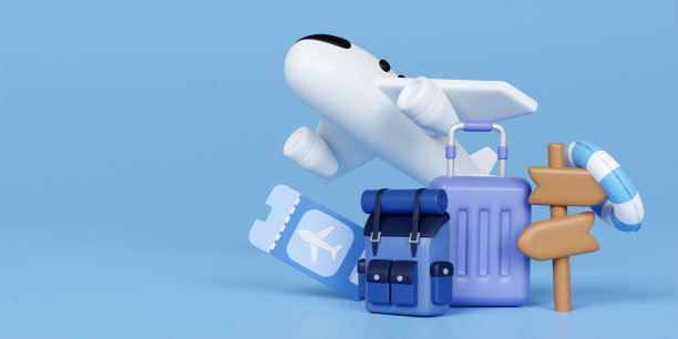 3d行李箱和背包和飞机旅游配件，关于旅游和所有物体的蓝色背景，3d上蓝色背景的旅游和交通概念设计图片下载