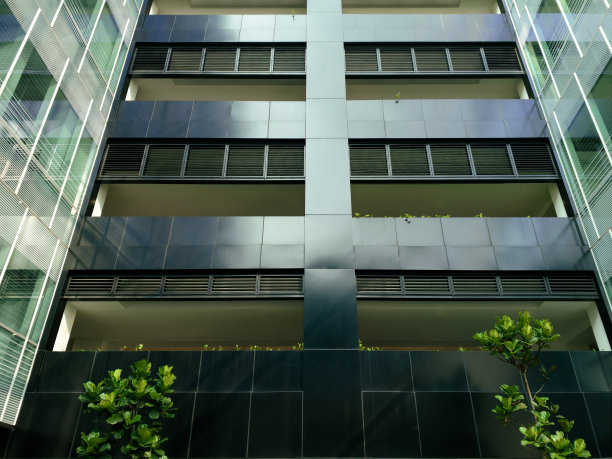 现代现代感的高层办公楼外部，有树木和室内植物。建筑外观，两侧有反光玻璃窗。几何网格设计。低角度视图图片下载