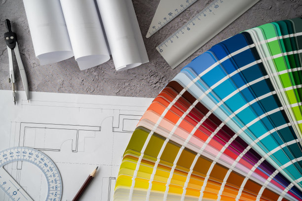 室内设计理念。配色方案调色板指导目录与色板，蓝图和配件的建筑师。图片下载