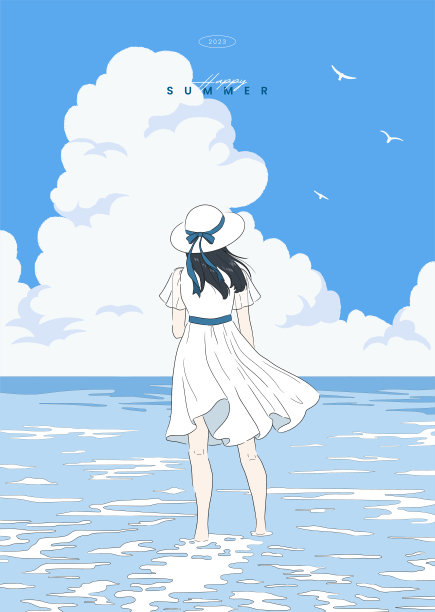 美丽的女人站在海边看夏天的天空。少女动漫日本漫画中的卡通人物。假期，旅行，度假。海报、名片。手绘风格矢量设计线插图。图片下载