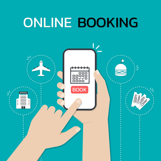 手持智能手机，触摸屏幕的同时使用在线预订移动应用程序，概念预订酒店，预订机票，预订电影票，预订餐厅。图片下载