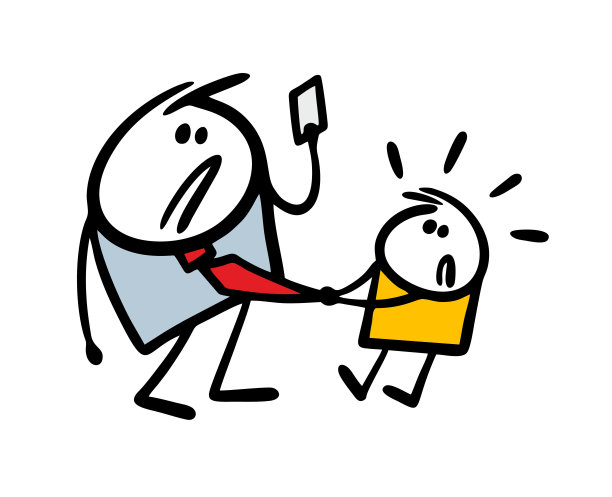 小孩拉着父亲的领带，吸引注意力，分散注意力。西装革履的不满男子在手机上浏览社交网络，不想和儿子玩。图片下载