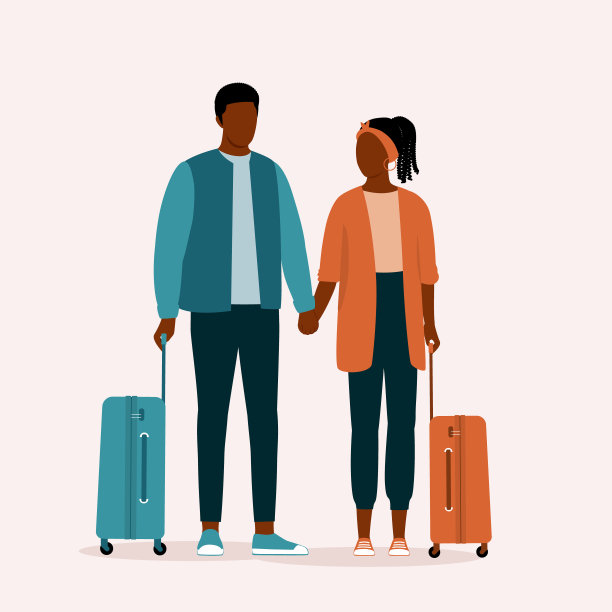 拿着行李的黑人夫妇手牵着手。图片下载