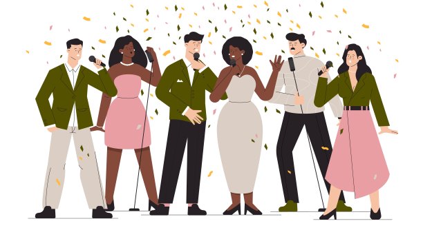 卡拉ok派对上的人。卡通俱乐部和酒吧的歌手和音乐家，丰富多彩的娱乐和音乐的概念。矢量图图片下载