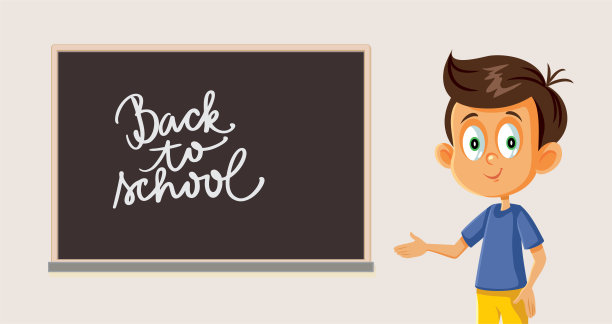 男生站在黑板矢量卡通插图旁边图片下载