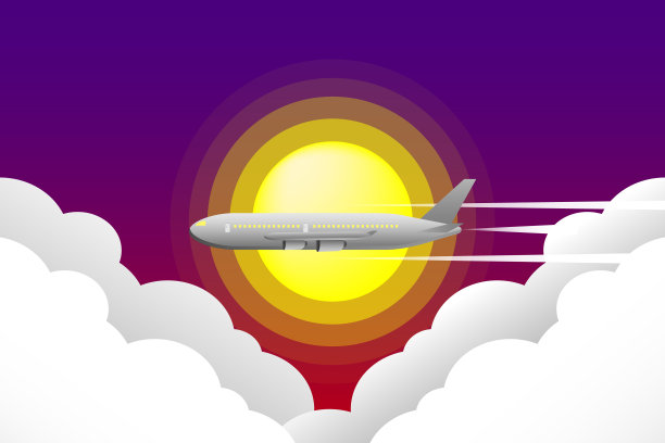 飞机在天空中飞过太阳和云，背景，矢量，插图。图片下载