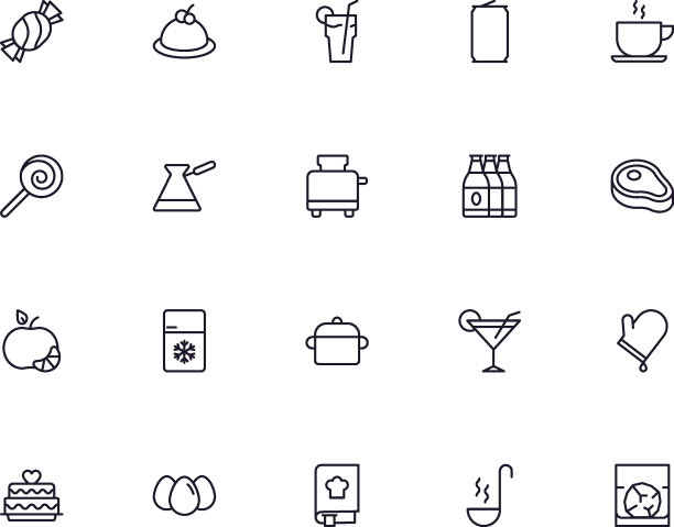 食品线图标集。网页设计、移动应用等轮廓标识集合。黑线图标的水果，蔬菜，肉类，糖果，蛋糕。图片下载