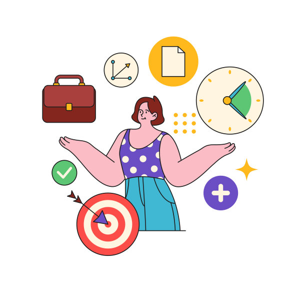 工作效率和生产力的工具和仪器。矢量平面卡通人物与目标和时钟显示截止日期，文件或报告和分析或战略计划图片下载