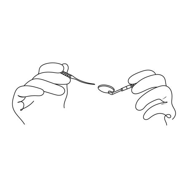 牙医拿着牙科器械。线的艺术。图片下载