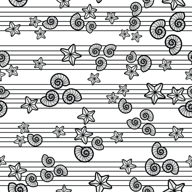 贝壳插图无缝表面图案设计为着色书-页图片下载