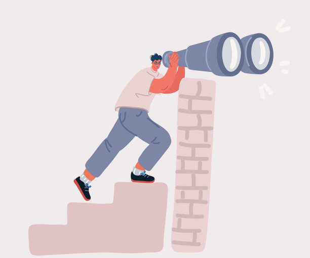 矢量插图商人拿着双筒望远镜寻找新的商业愿景，创新的愿景和创新的经营理念，通过墙图片下载