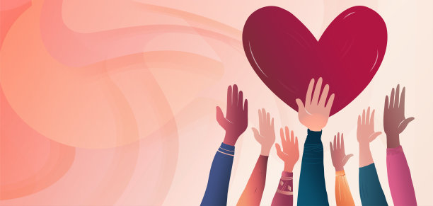横幅上有高举双手的志愿者，背景是红心。慈善捐款。支持和协助。多元文化的社会。非政府组织。援助。的帮助。志愿服务图片下载