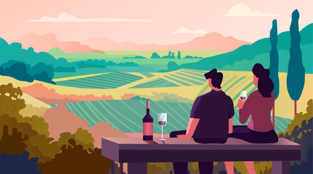 情侣喝着美酒，欣赏着绿草如茵的海滨风光，自然旅游是探险旅游的概念图片下载