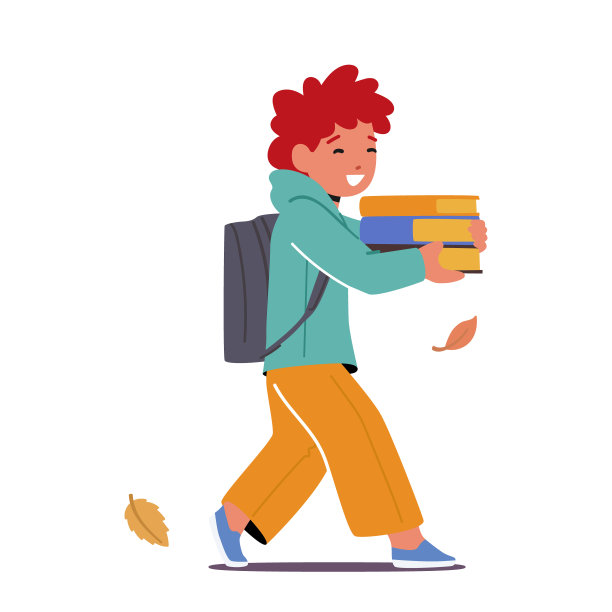 孩子走路与书和背包，年轻的男孩角色拿着一摞书，准备踏上一段激动人心的旅程图片下载