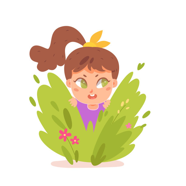 可爱的女孩玩躲猫猫户外，孩子偷看在绿色的灌木矢量插图。卡通孤立的小孩躲在夏天的公园或花园与朋友一起玩有趣的游戏图片下载