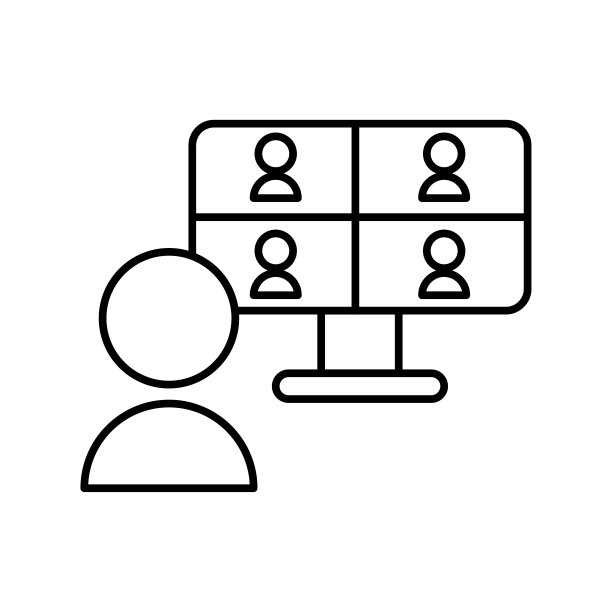 视频会议图标。网络教学媒体。电脑屏幕上的人。数字通信。矢量插图。股票的形象。图片下载